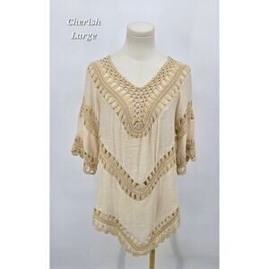 Cherish Crochet Detail Boho Tunic Top Beige Women’s‎ Size Large